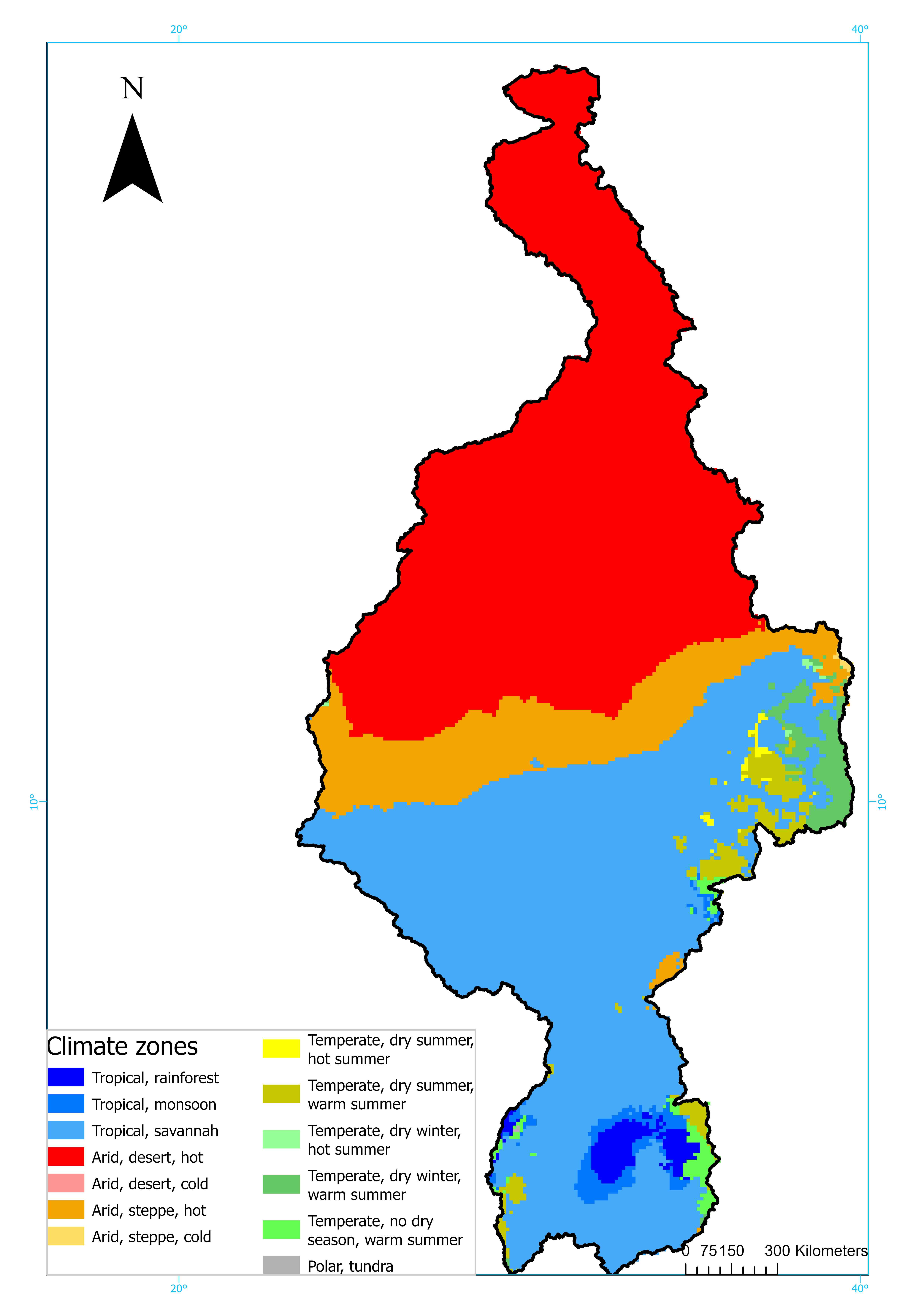 Figure 1: Köppen-Geiger Climate Classification Map of the Nile Basin. Source: (Beck et al., 2023).