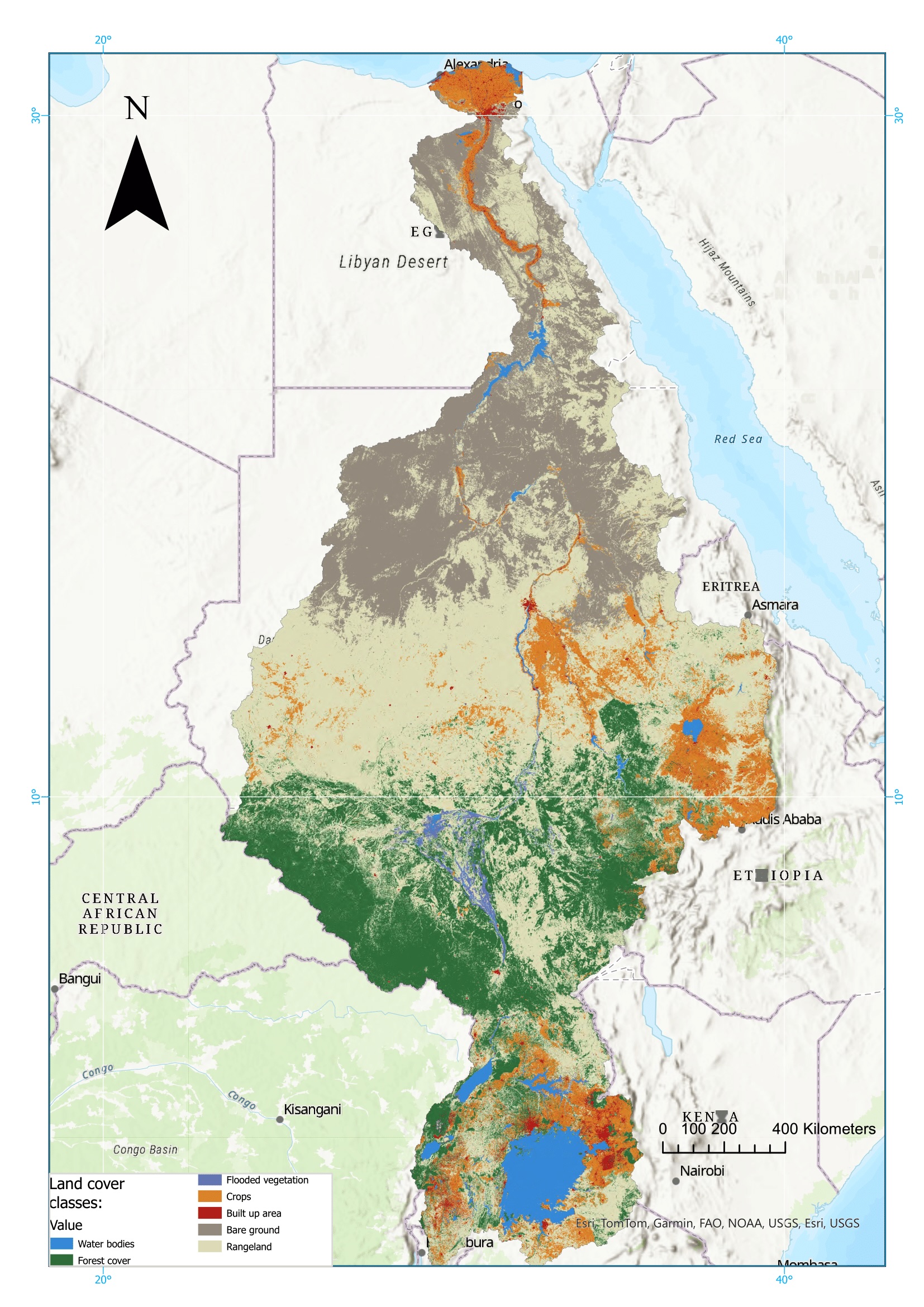 Figure 2: Spatial distribution of different land cover types in the Nile Basin in 2024