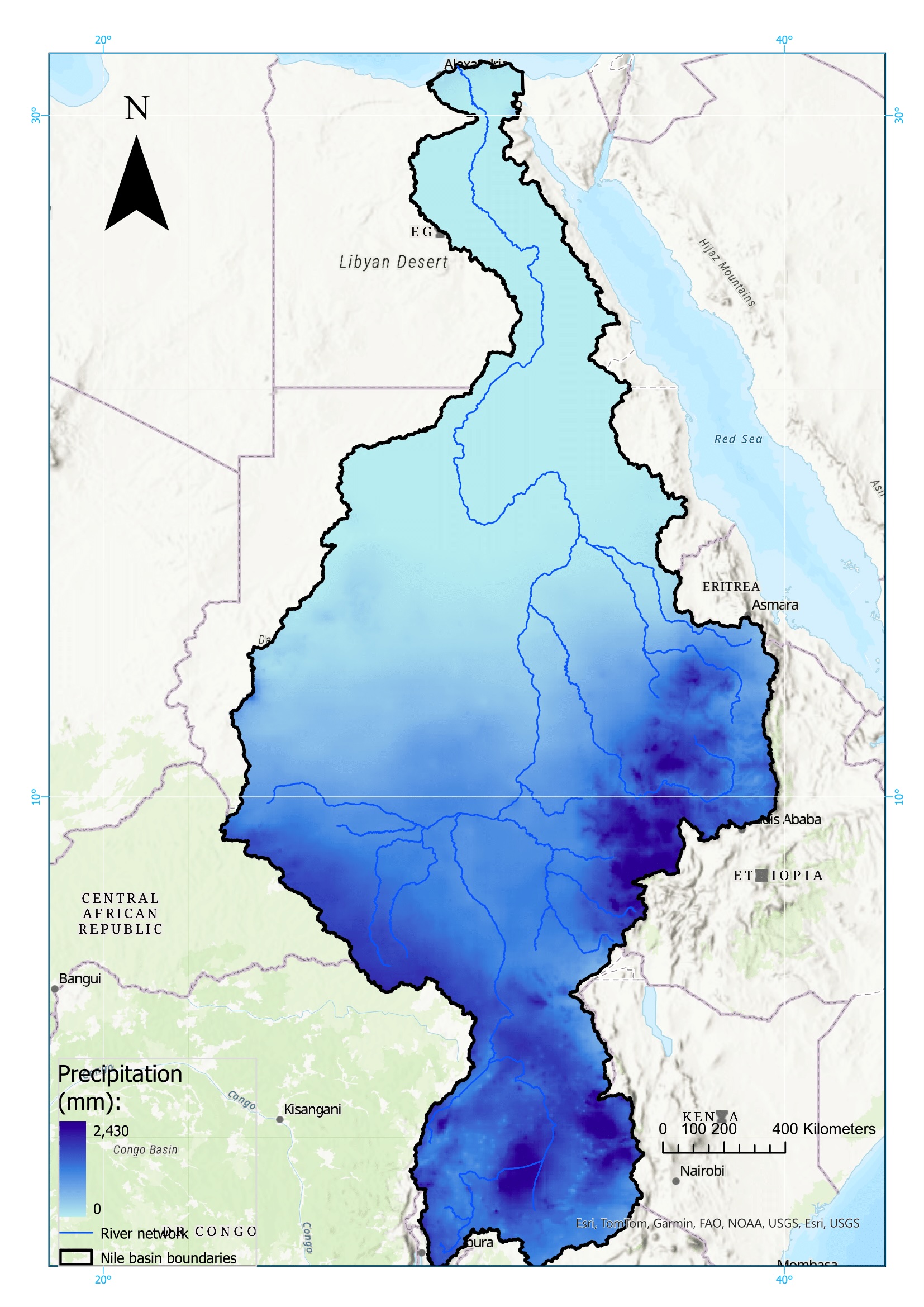 Figure 2: Spatial distribution of mean of multi annual precipitation 1981- 2024 in the Nile basin. Source: (Funk et al., 2015)