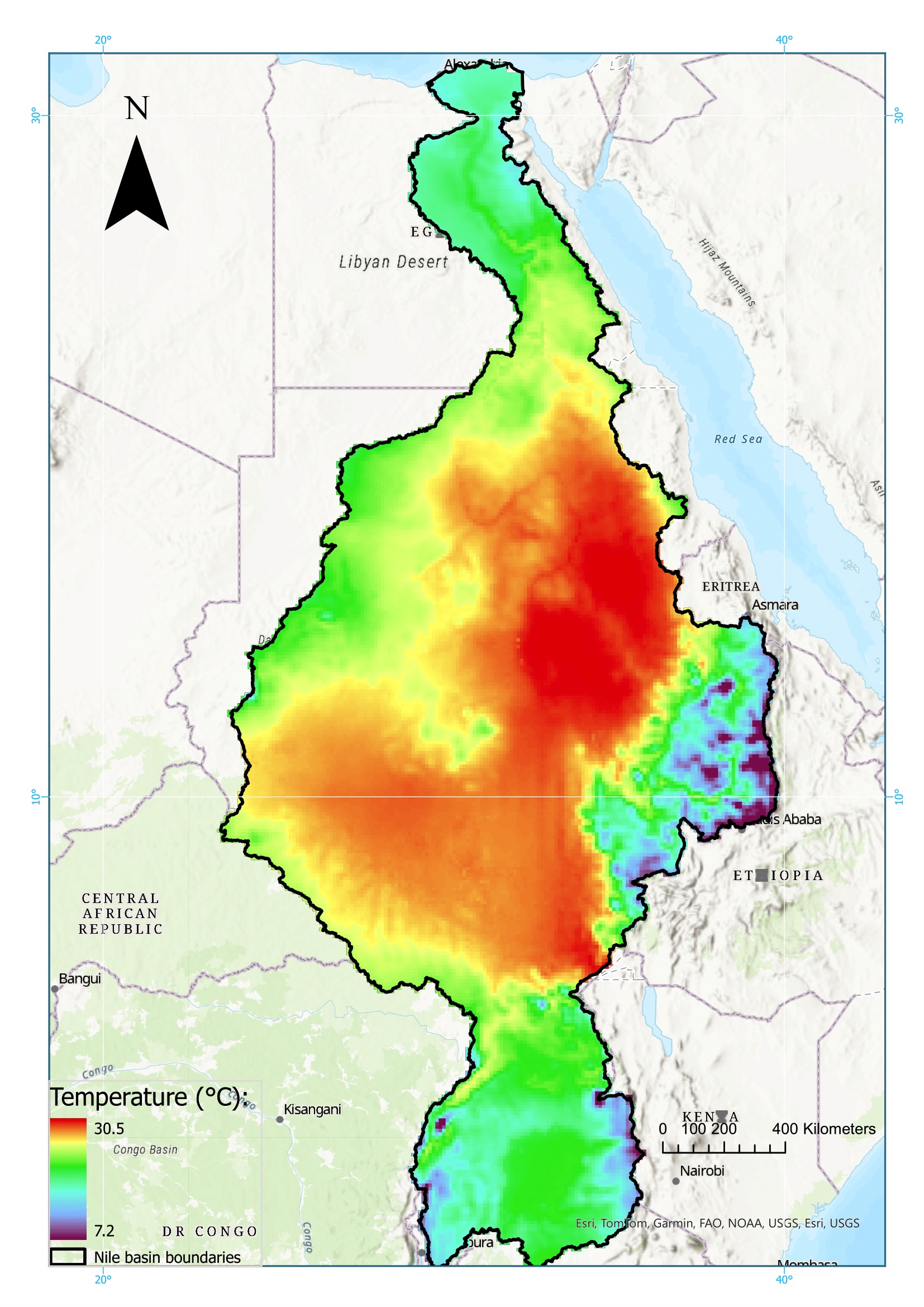 Figure 3: Spatial distribution of mean of multi annual temperature 1981- Feb.2025 in the Nile basin. Source: (Muñoz-Sabater, 2019)