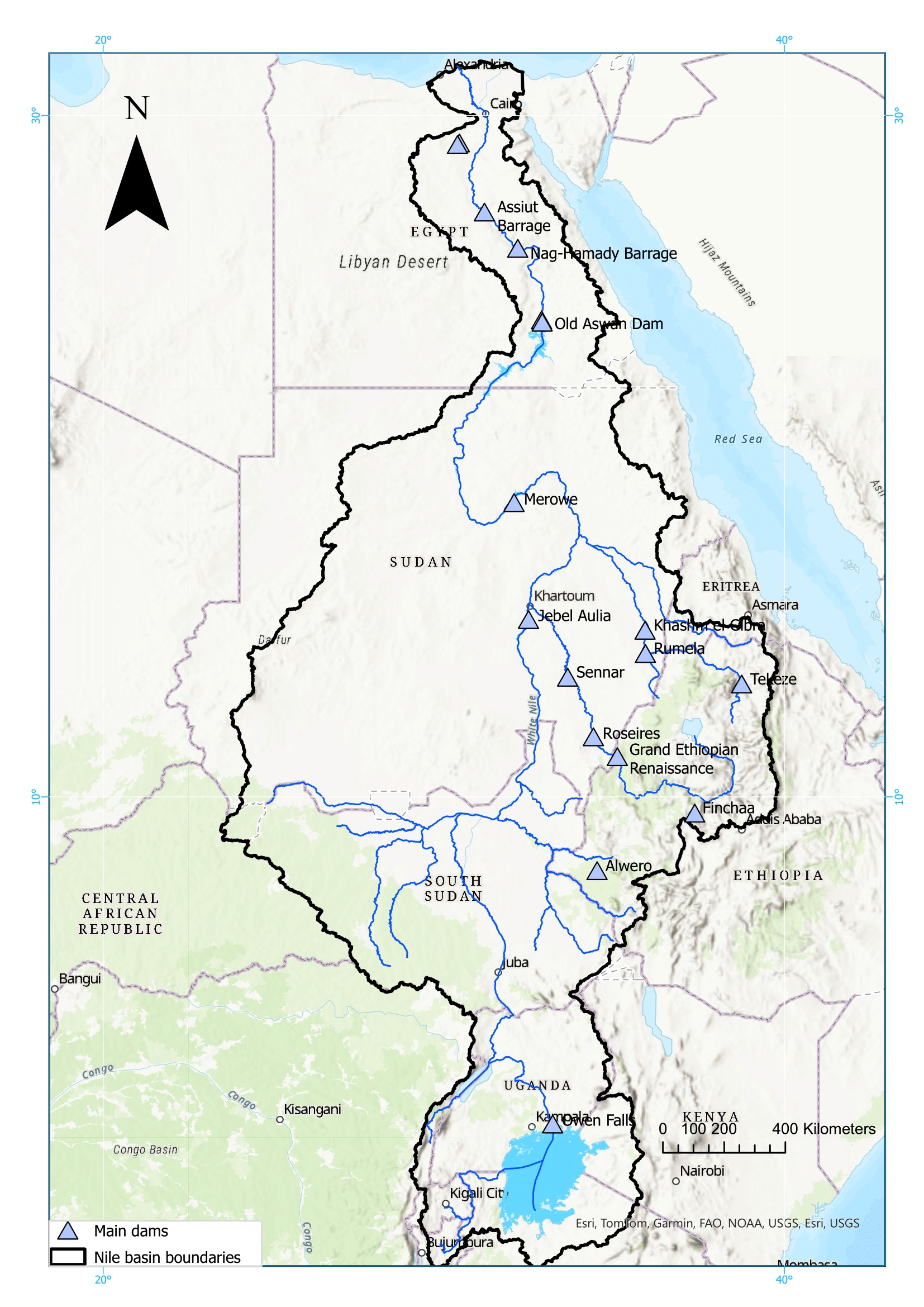 Figure 1: Location of the main dams in the Nile basin. Source: dam’s location (Lehner et al., 2011).