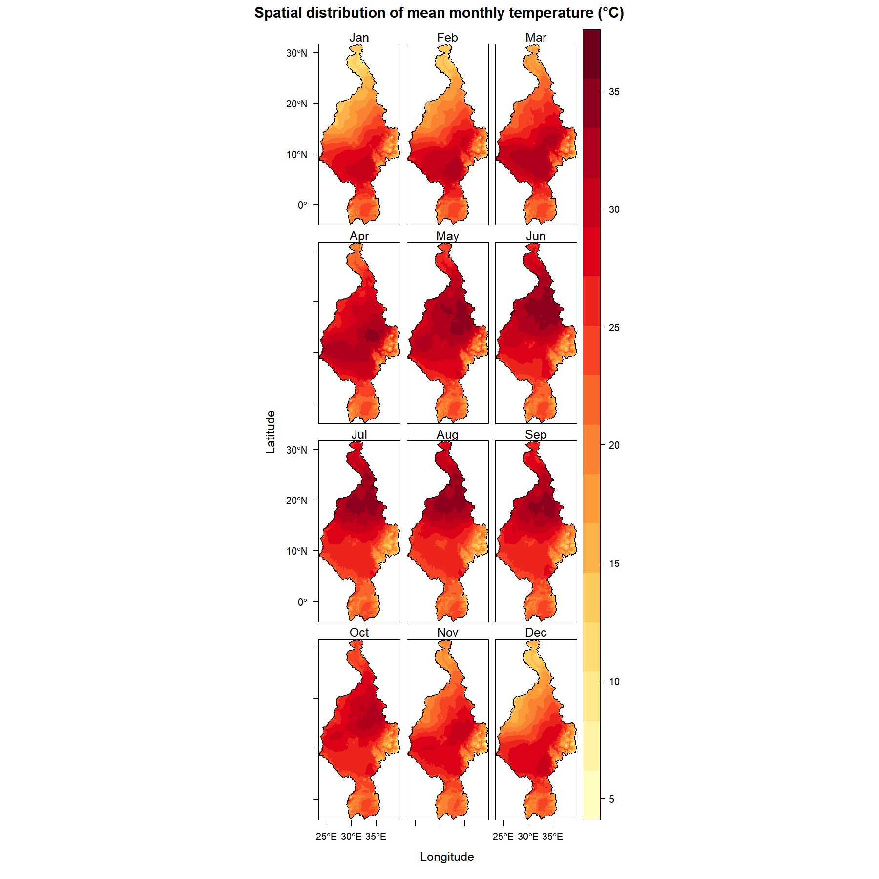 Figure 5: Spatial distribution of mean annual temperature (°C)