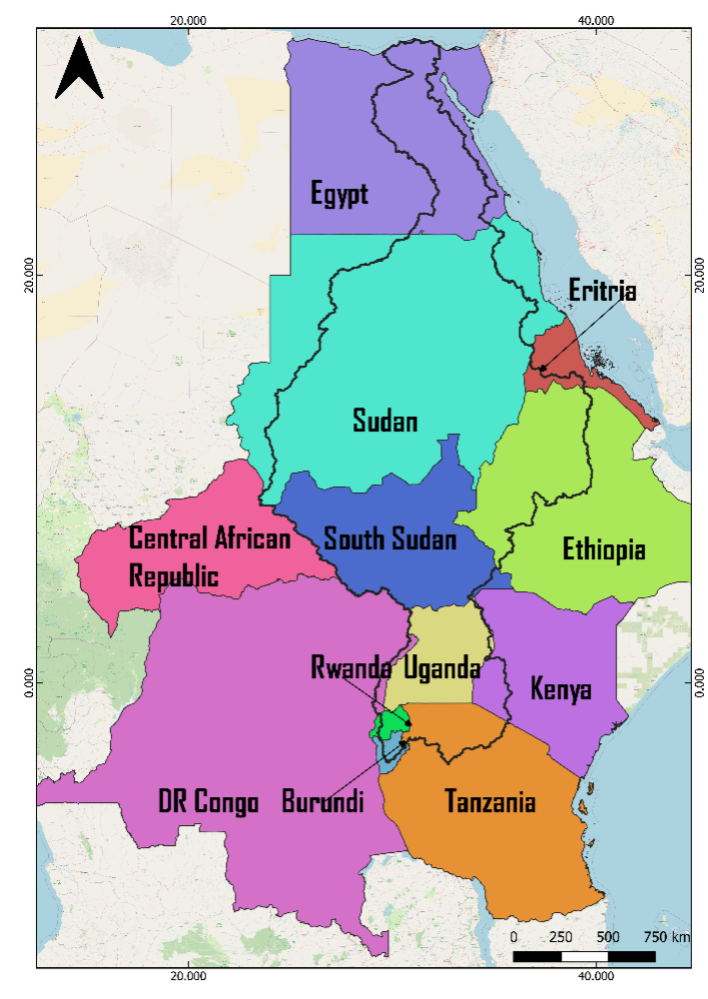 Figure 1: Map Showing the Nile Basin and Riparian States. Sources: Nile basin boundaries (Lehner & Grill, 2013), Countries boundaries (ESRI, 2021)