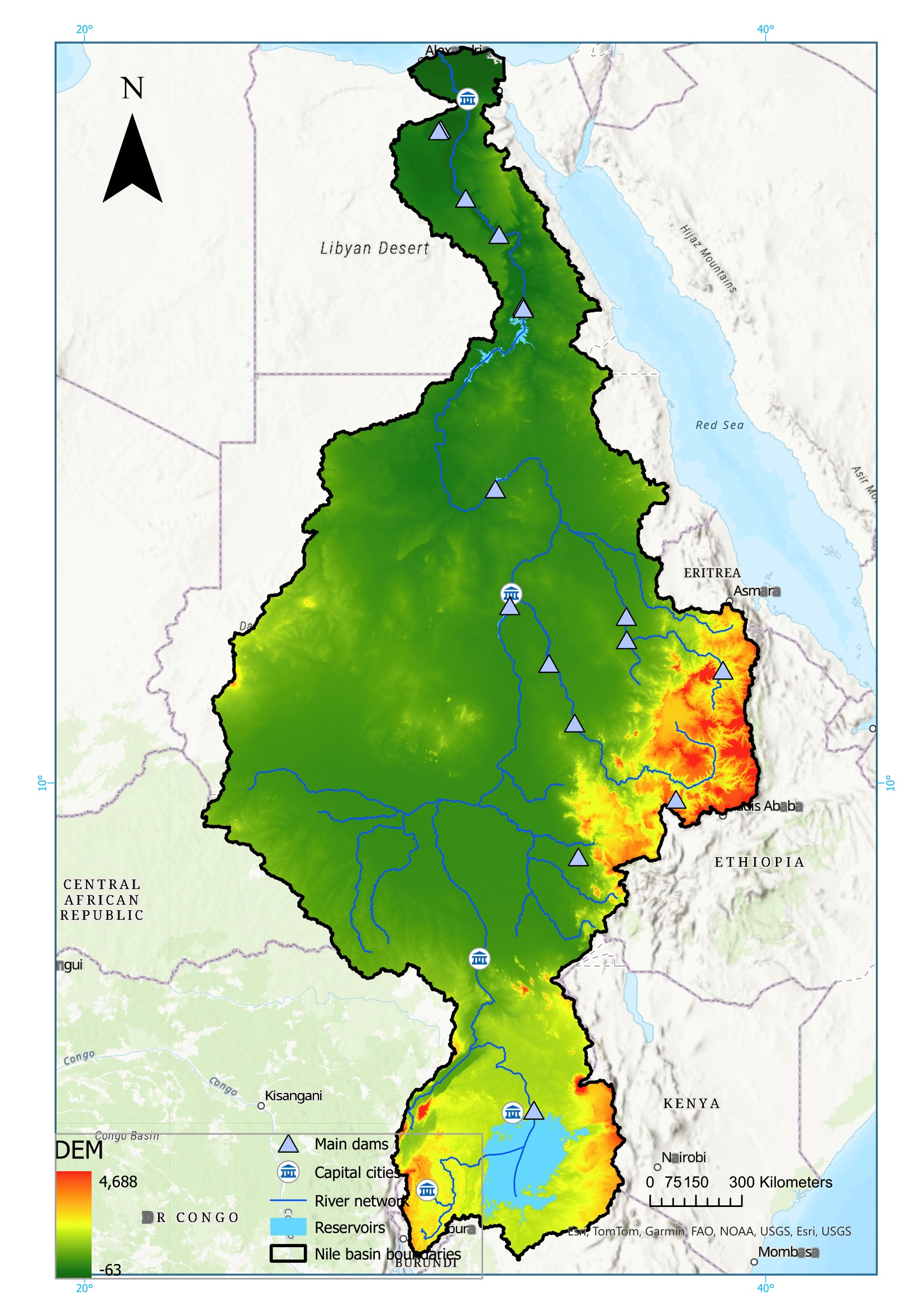 Figure 4: Digital Elevation Model (in meters) of the Nile Basin, alongside the main dams and reservoirs on the Nile River network. Sources : DEM (NASA, 2013), Main dams and reservoirs (Lehner et al., 2011), river network (Lehner & Grill, 2013), capital cities (ESRI, 2025)